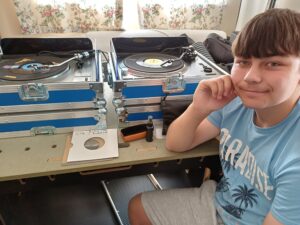 Vinyl DJ Experience by DJ Diamond Dust. Ryan listening to "new" vinyl songs.